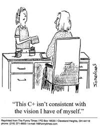 Comic strip of a student handing a teacher a test back with the caption 